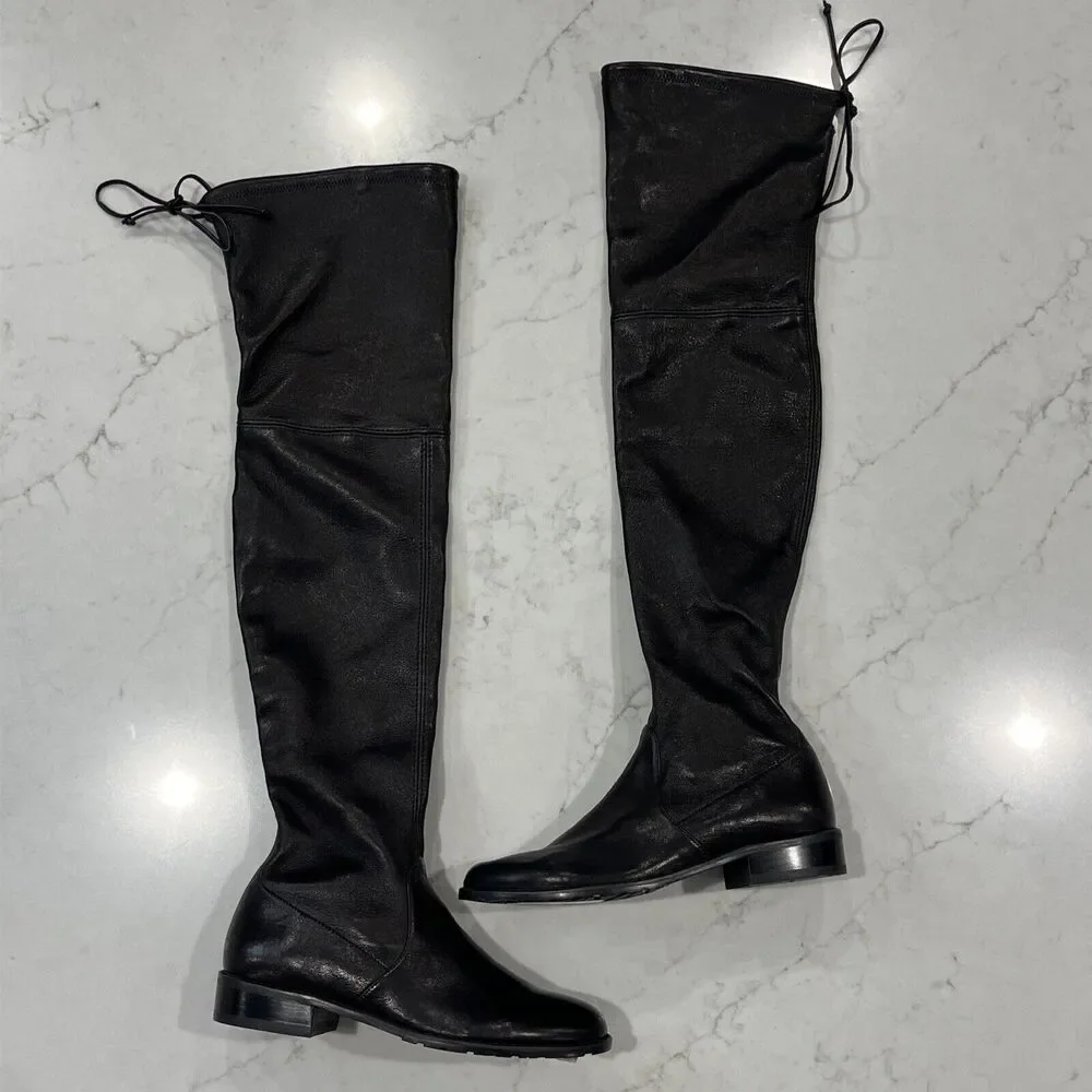 Stuart Weitzman Over Knee‎ Boots Black Leather Womens Sz 4 Low Stacked Heel